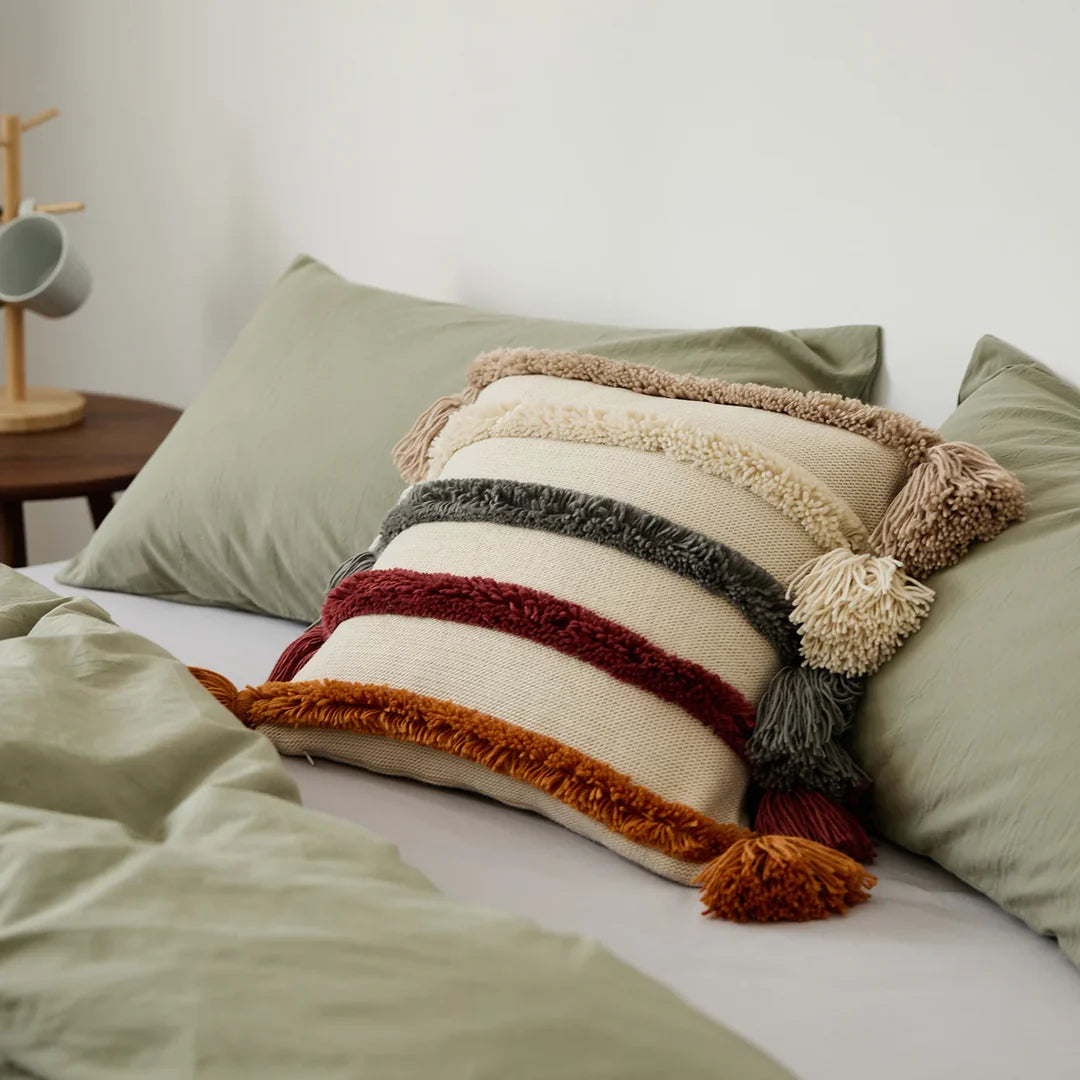 Tasseled Striped Throw Pillow Cover